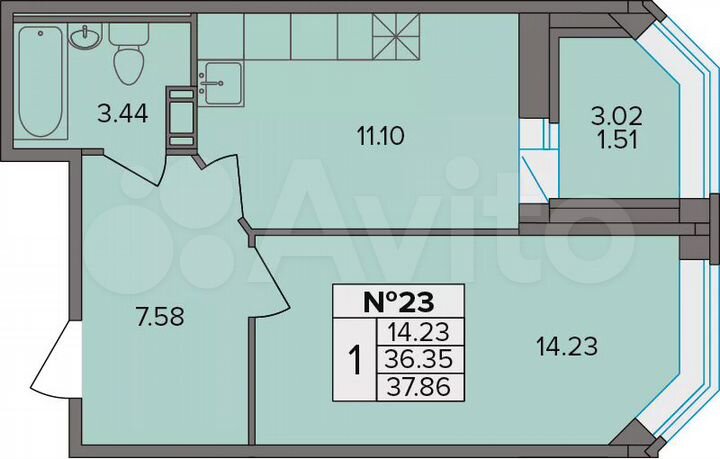 1-к. квартира, 37,9 м², 2/9 эт.
