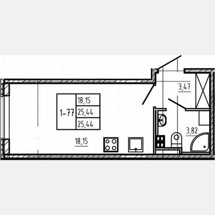 Квартира-студия, 25,4 м², 3/4 эт.