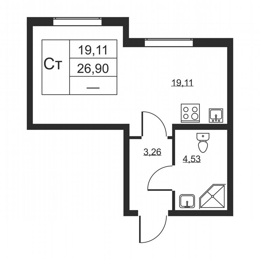Квартира-студия, 26,9 м², 2/19 эт.