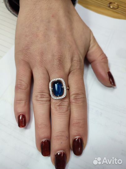 Элегант. кольцо сереб. с Синим Янтарем и фианитами