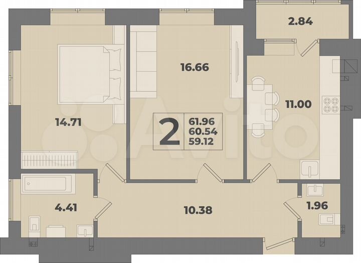 2-к. квартира, 62 м², 1/10 эт.