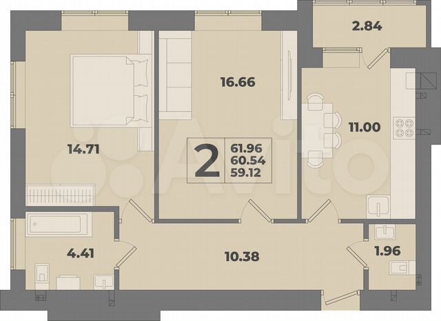 2-к. квартира, 62 м², 1/10 эт.
