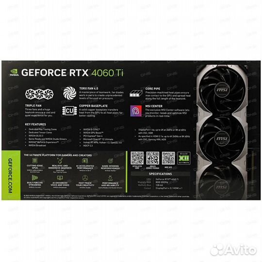 Видеокарта MSI GeForce RTX 4060 Ti ventus 3X OC