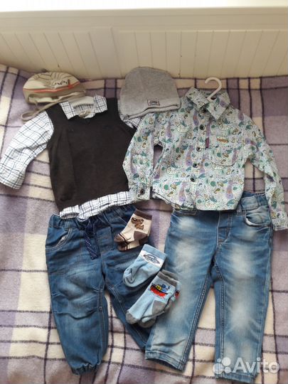 Пакет вещей (10 позиций), рубашки, джинсы, шапки