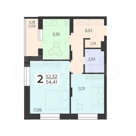2-к. квартира, 54,4 м², 5/18 эт.