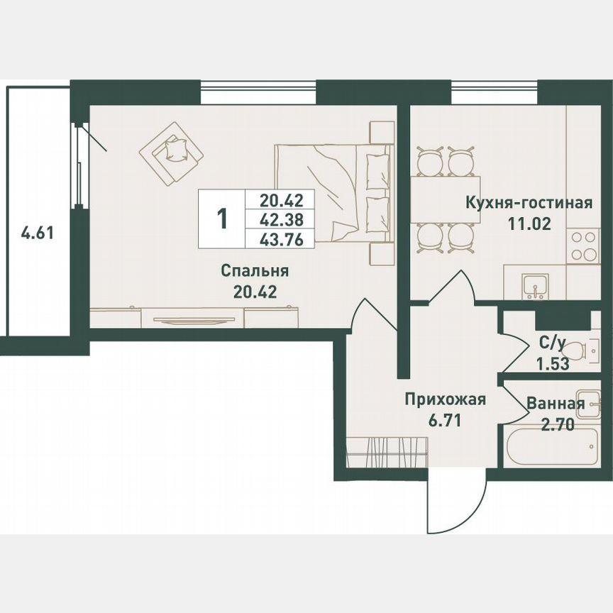 1-к. квартира, 43,8 м², 11/16 эт.