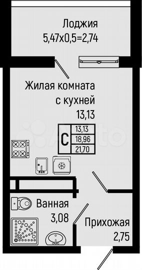 Квартира-студия, 21,7 м², 3/16 эт.