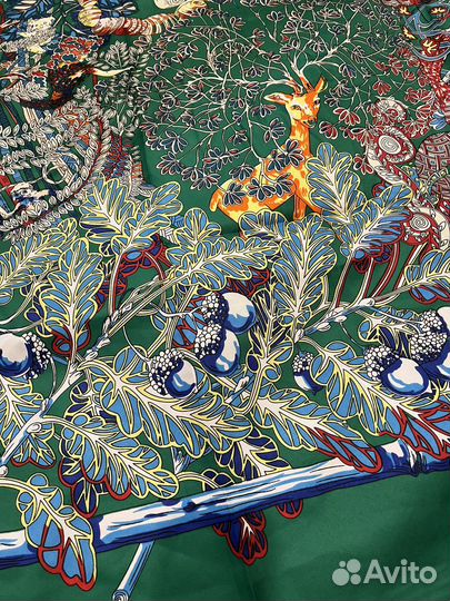 Большой шелковый платок Hermes зеленый райский сад