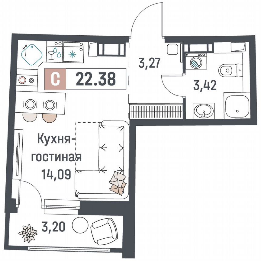 Квартира-студия, 22,4 м², 7/18 эт.