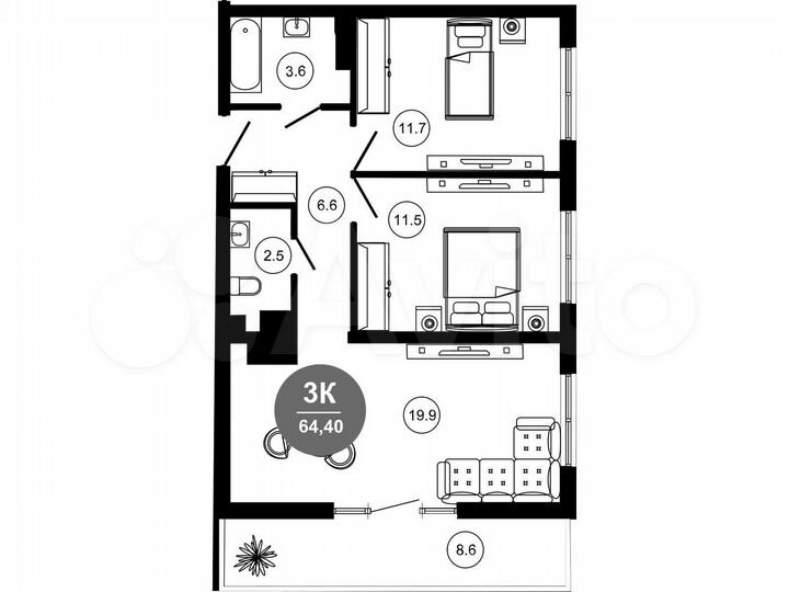 3-к. апартаменты, 57,1 м², 9/10 эт.