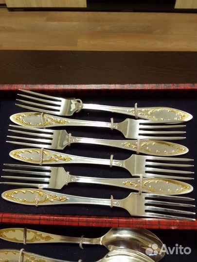 Набор столовых приборов мельхиор с позолотой)
