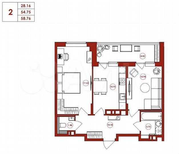 2-к. квартира, 58,8 м², 14/16 эт.