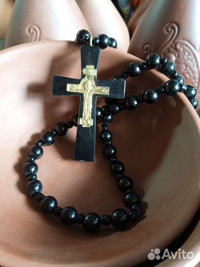 Крест.Четки,бусы,Гагат грузинский природный.Руч.ра