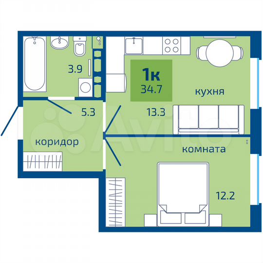 1-к. квартира, 34,7 м², 5/10 эт.