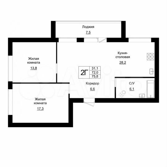 2-к. квартира, 75,8 м², 2/4 эт.