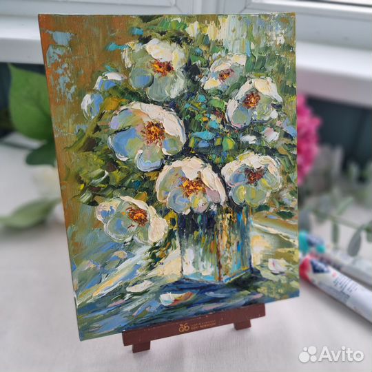 Картина маслом с цветами миниатюра цветы в вазе