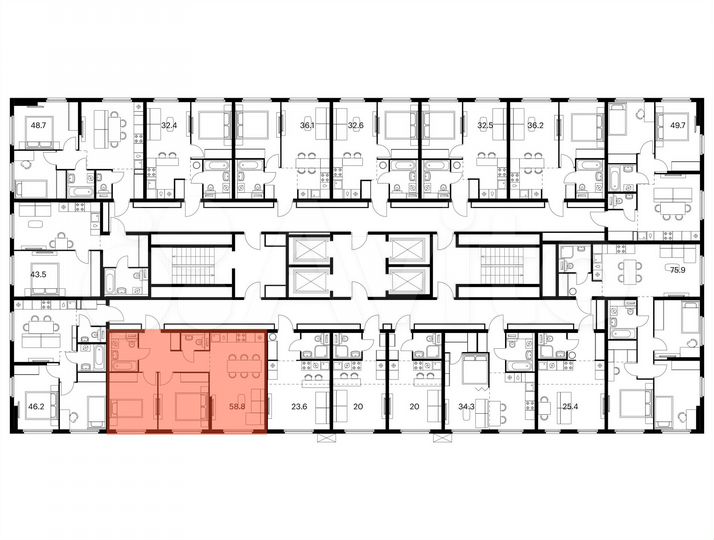 2-к. квартира, 58,8 м², 2/25 эт.