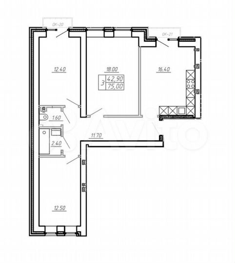 2-к. квартира, 77 м², 3/4 эт.