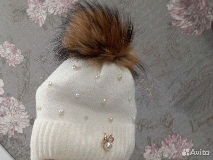 Шапка с натуральным помпоном 6-12 мес