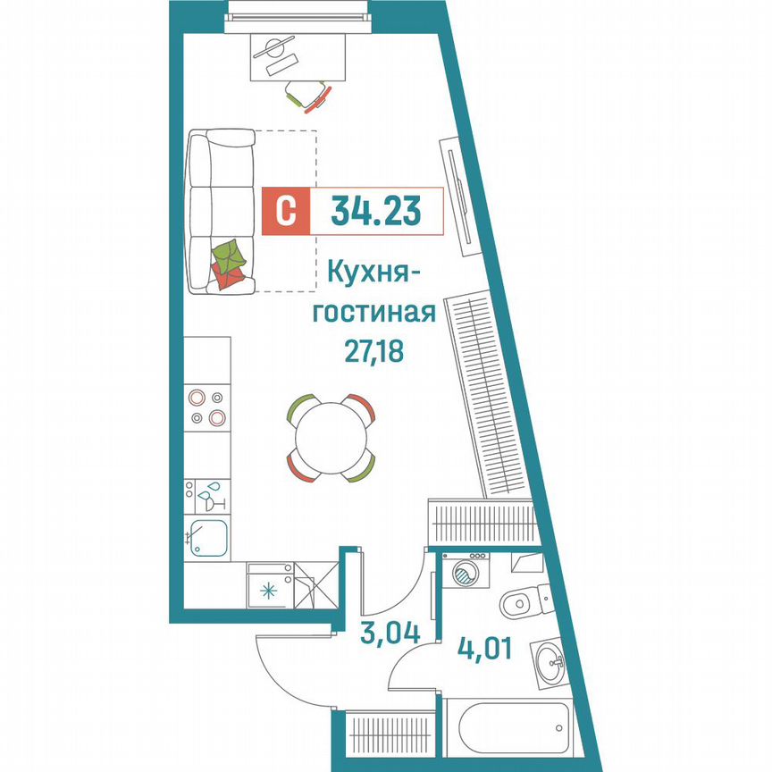 Квартира-студия, 34,2 м², 1/18 эт.