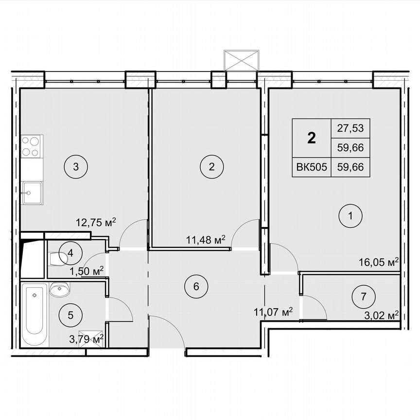 2-к. квартира, 59,7 м², 8/12 эт.