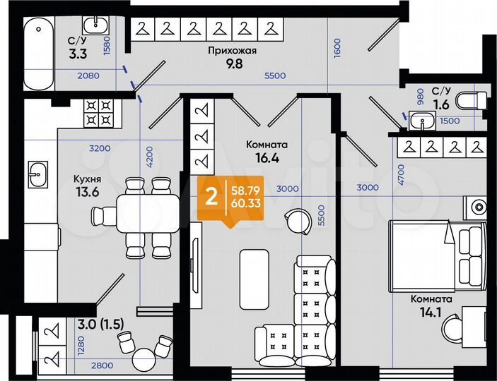 2-к. квартира, 60,3 м², 1/9 эт.