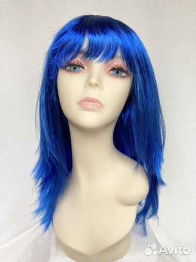 Парик синий голубой прямой с чёлкой