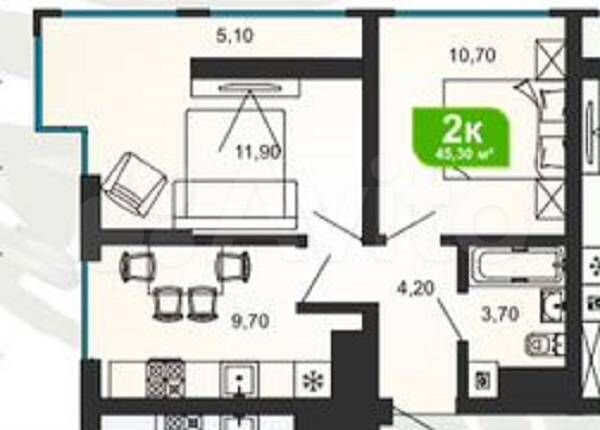 2-к. квартира, 45,3 м², 7/19 эт.