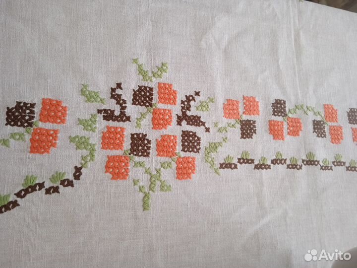 Винтажная скатерть из льна,с ручным рисунком