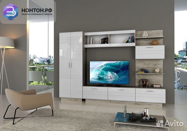 Гостиная Атланта дуб серый крафт / белый глянец