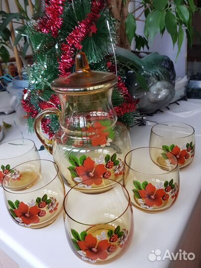 Набор кувшин с стаканами темного стекла СССР