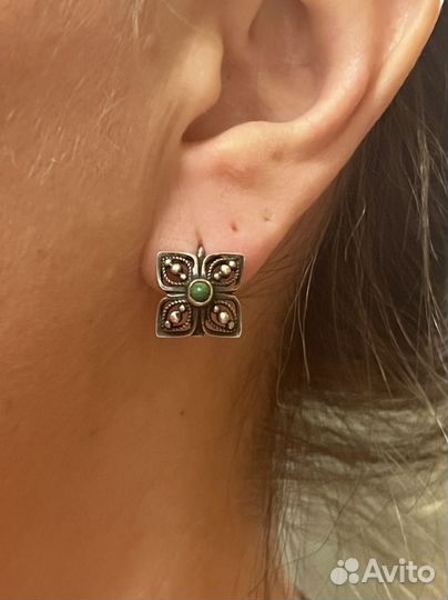 Серебряные серьги, нат зел. Бирюза, винтаж, СССР