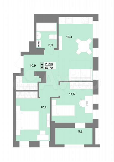 2-к. квартира, 57,7 м², 23/31 эт.