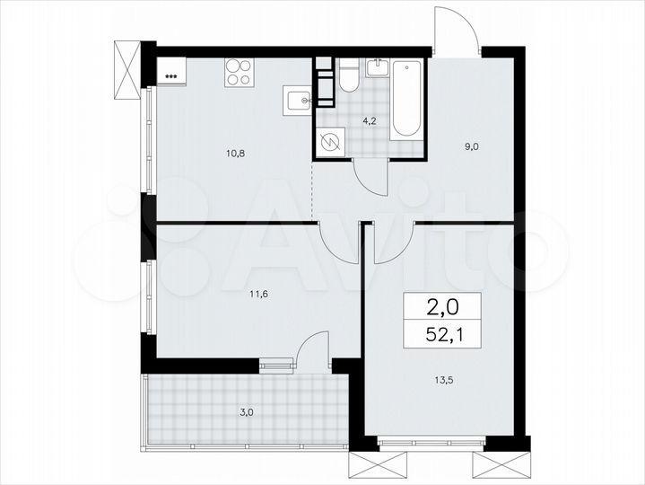 2-к. квартира, 52,1 м², 3/9 эт.