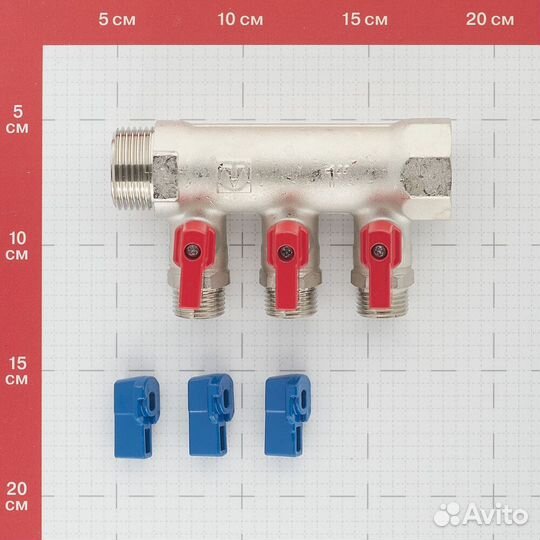 Коллектор Valtec (VTc.580.N.0603) 1 вр(г) х 3 выхода 1/2 нр(ш) х 1 нр(ш) с шаровыми кранами