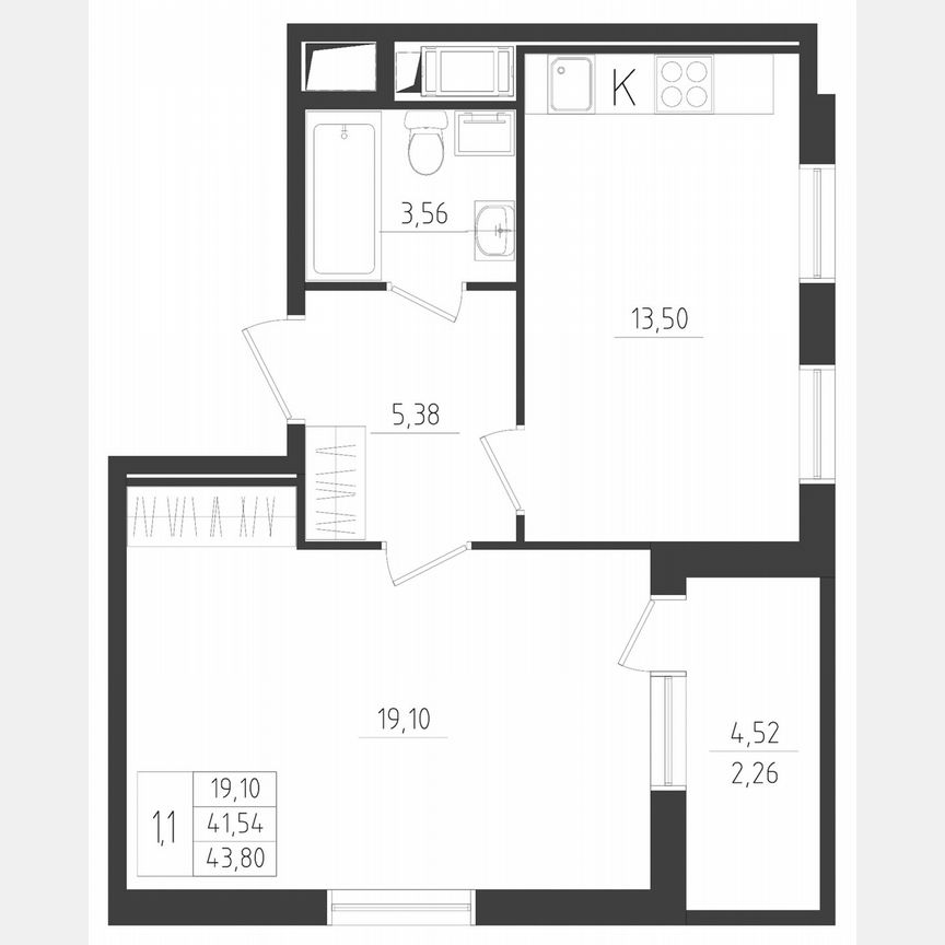 1-к. квартира, 43,8 м², 3/8 эт.