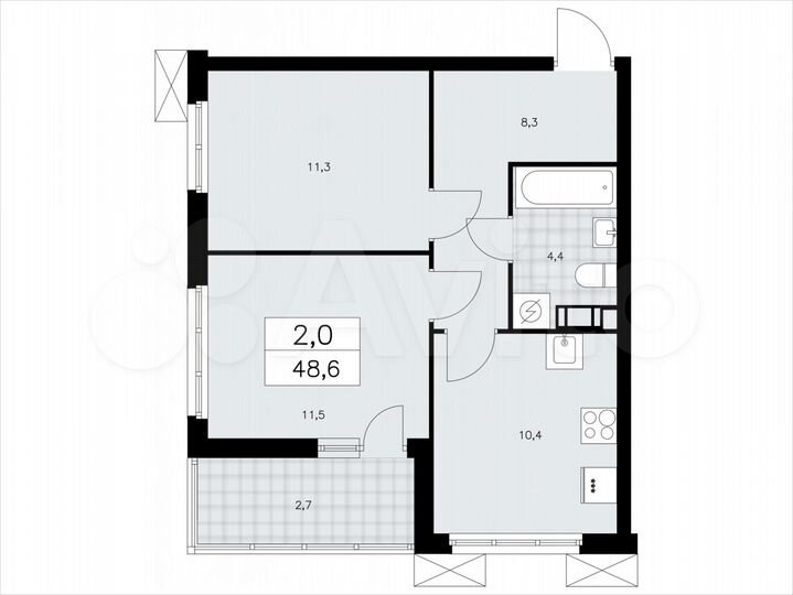 2-к. квартира, 48,6 м², 4/9 эт.