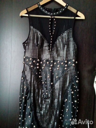 Черное платье эко кожа заклепки пайетки шипы