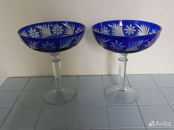 Ваза, конфетница. Фужеры. Синее стекло. Винтаж