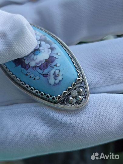 Брошь СССР мельхиор скань финифть голубая