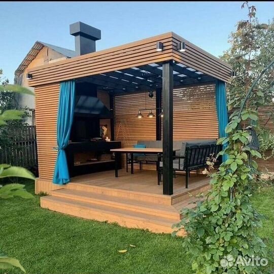 Беседки, клумбы с микрополивом, садовая мебель