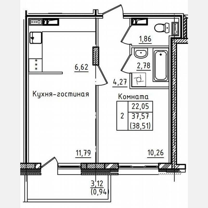 1-к. квартира, 38,5 м², 2/5 эт.