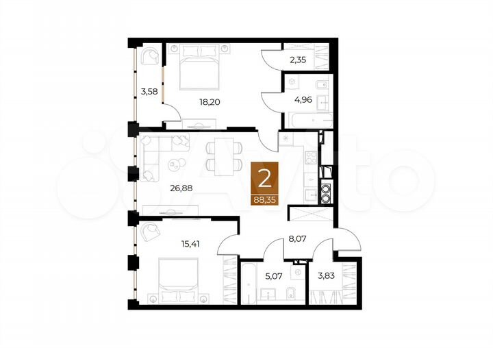 2-к. квартира, 88,4 м², 2/8 эт.