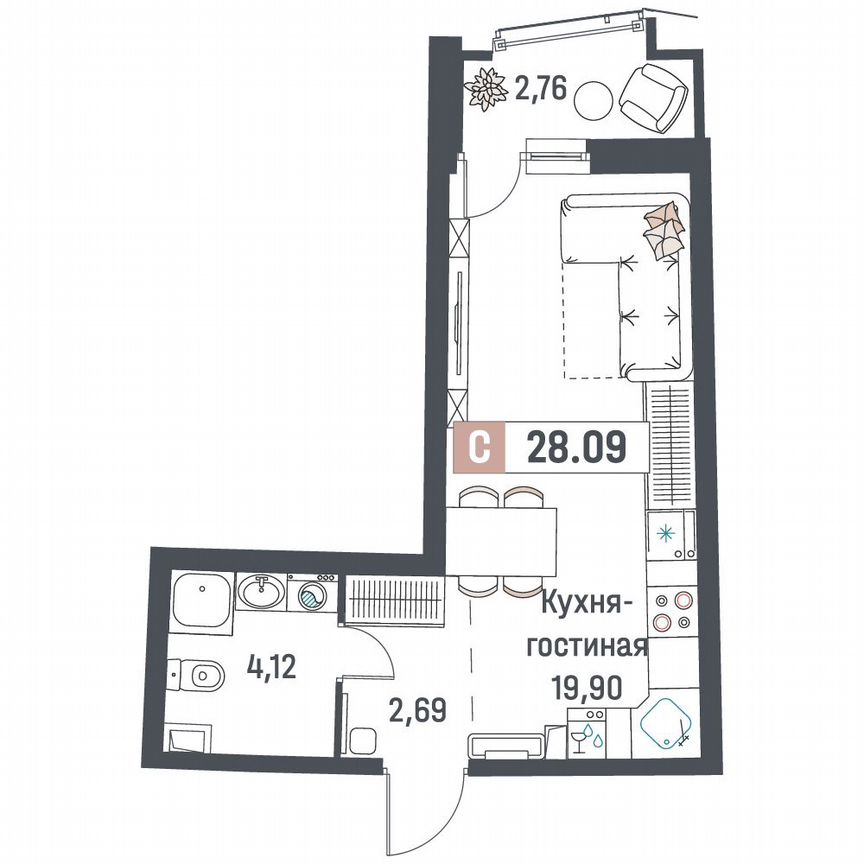 Квартира-студия, 28,1 м², 2/18 эт.