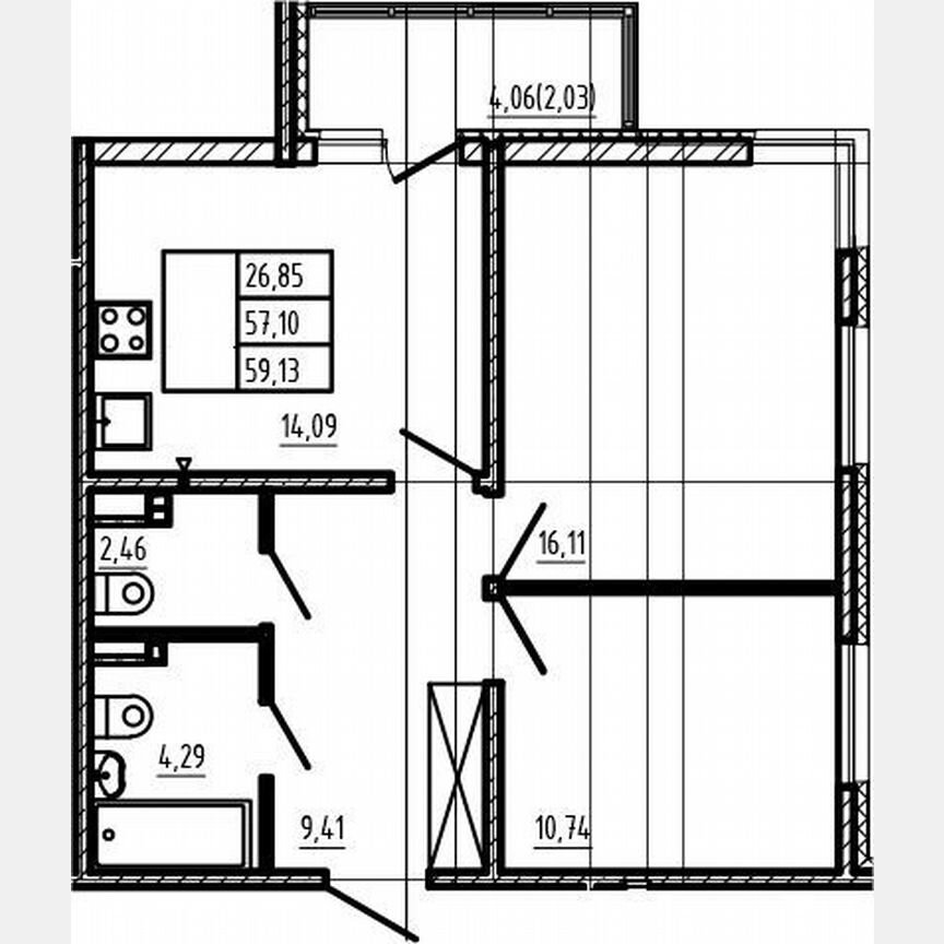 2-к. квартира, 57,1 м², 3/4 эт.