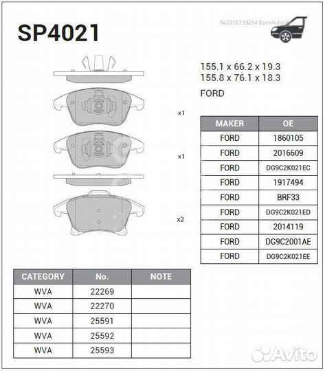 Колодки тормозные передние ford mondeo V SP4021