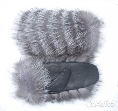 Варежки из серой чернобурки и ладошкой из кожи