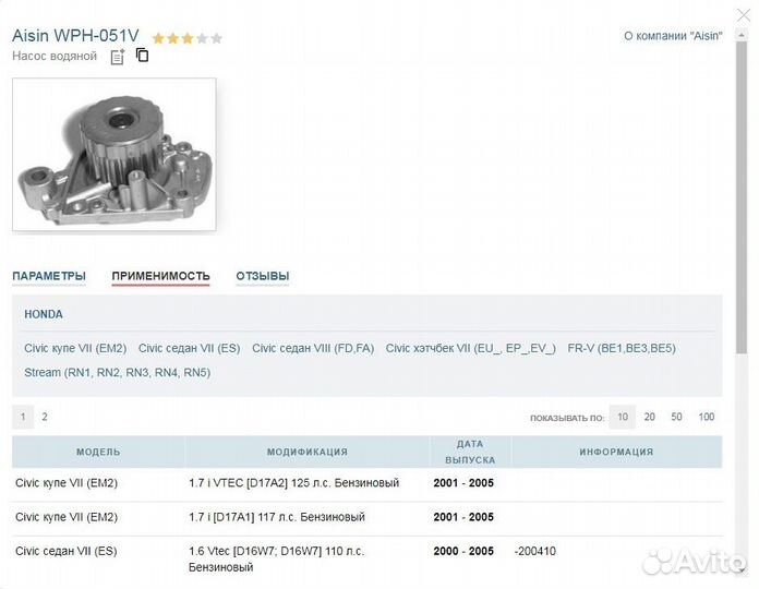 Водяной насос помпа honda Civic, Stream,FR-V