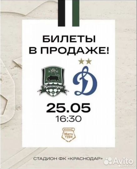 Билет Краснодар Динамо гостевой сектор 203