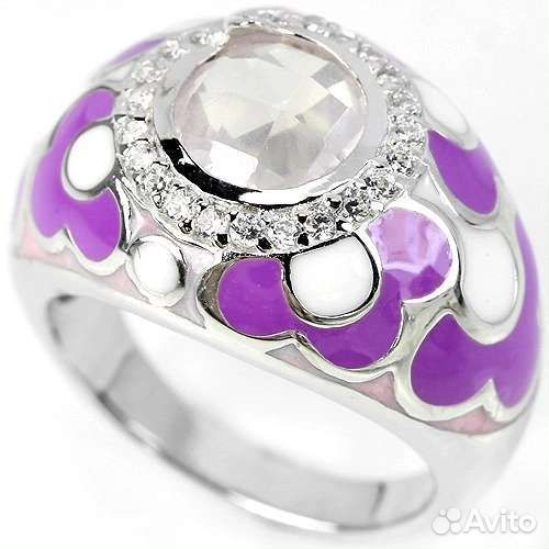 Серебряное кольцо с розовым кварцем, эмалью